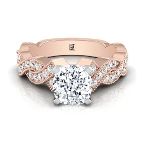 14K Rose Gold Cushion Criss Cross Pave Beaded Diamond Engagement Ring -3/8ctw