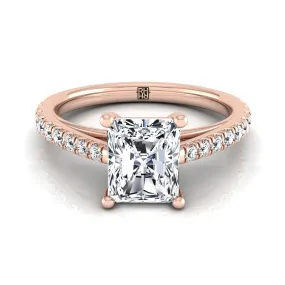 14K Rose Gold Radiant Cut Center Diamond French Pave Cathedral Style Solitaire Engagement Ring -1/4ctw