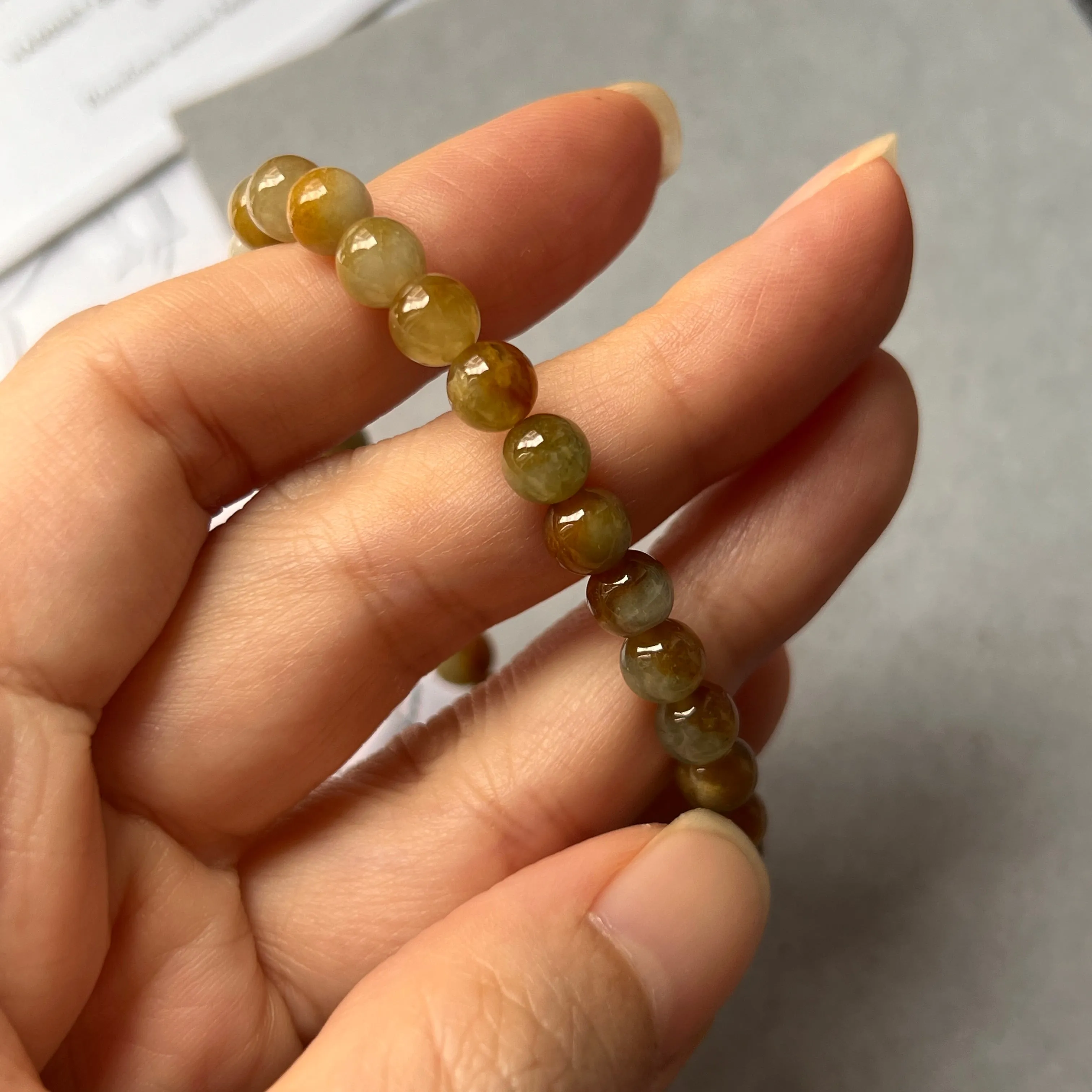 6.1mm A-Grade Natural Warm Tone Jadeite Bead Bracelet No.190429