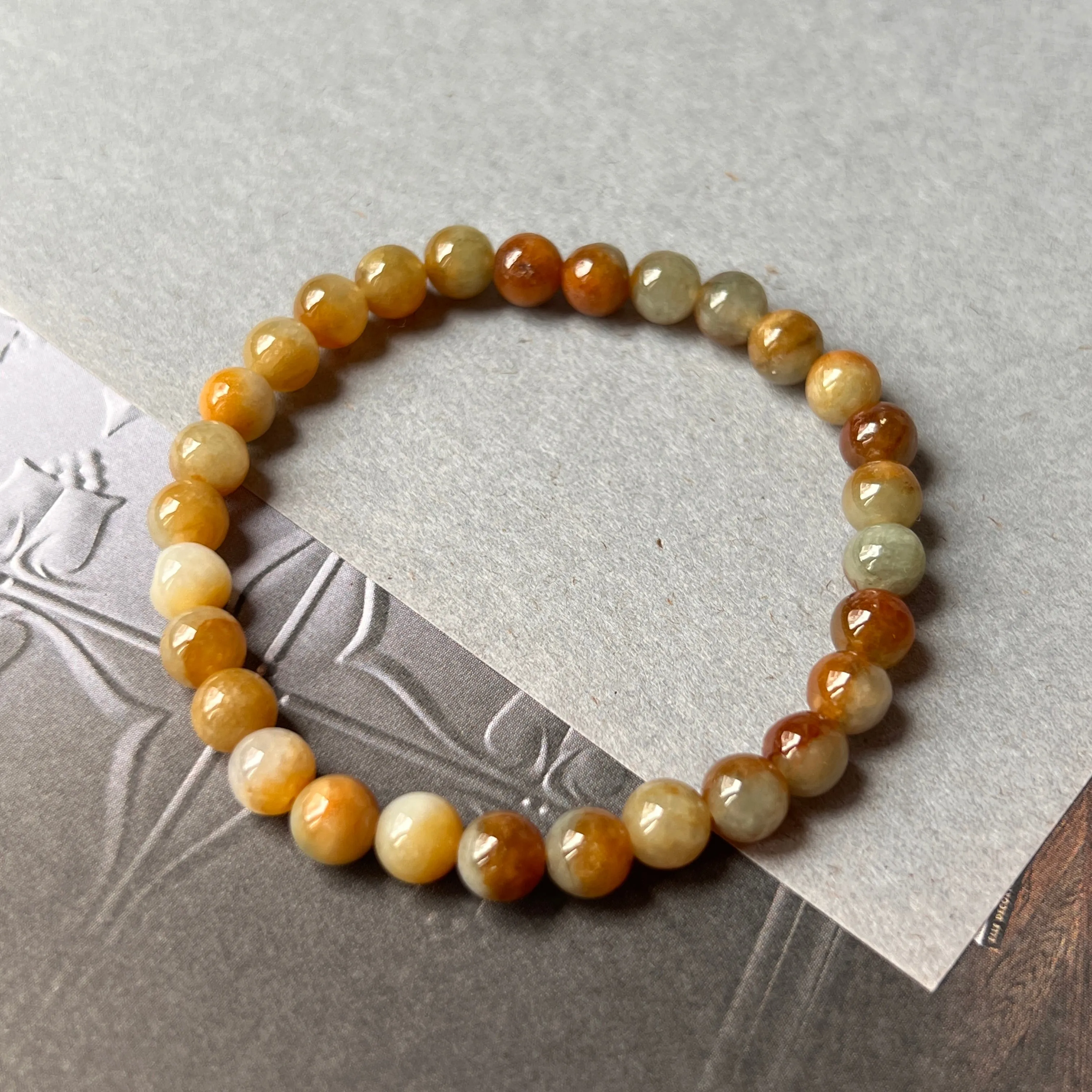 6.1mm A-Grade Natural Warm Tone Jadeite Bead Bracelet No.190429