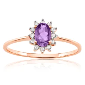 9ct Rose Gold 6x4mm Amethyst   0.1 Carat Diamond Ring