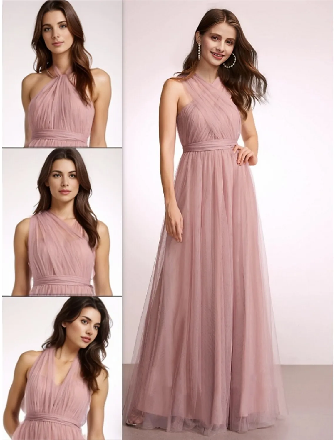 A-Line Bridesmaid Dress Halter Neck Sleeveless Elegant Floor Length Tulle with Ruching