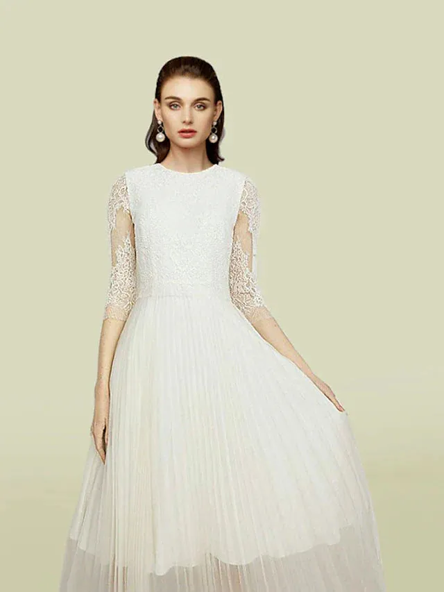 A-Line Mother of the Bride Dress Elegant Jewel Neck Tea Length Chiffon Lace Half Sleeve with Appliques