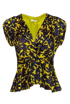 A.L.C. - Yellow & Purple Floral Print Twisted Waist Blouse Sz 6