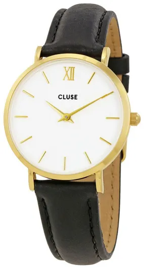 Cluse Minuit Black Leather Gold Plated Steel White Dial Womens Watch CL30019