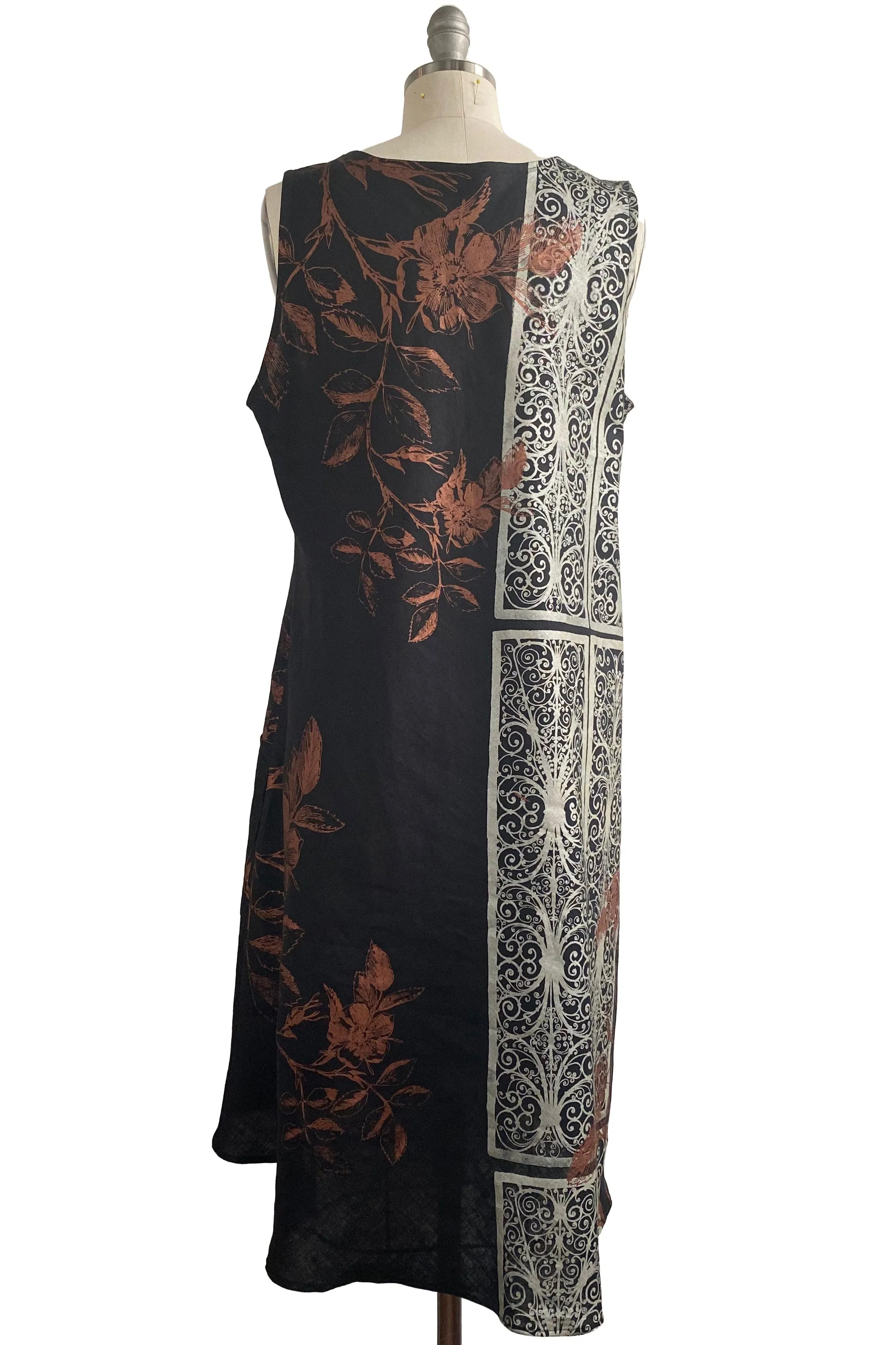 Emilia Dress w/ Camelia Print - Black, Silver & Copper - Medium