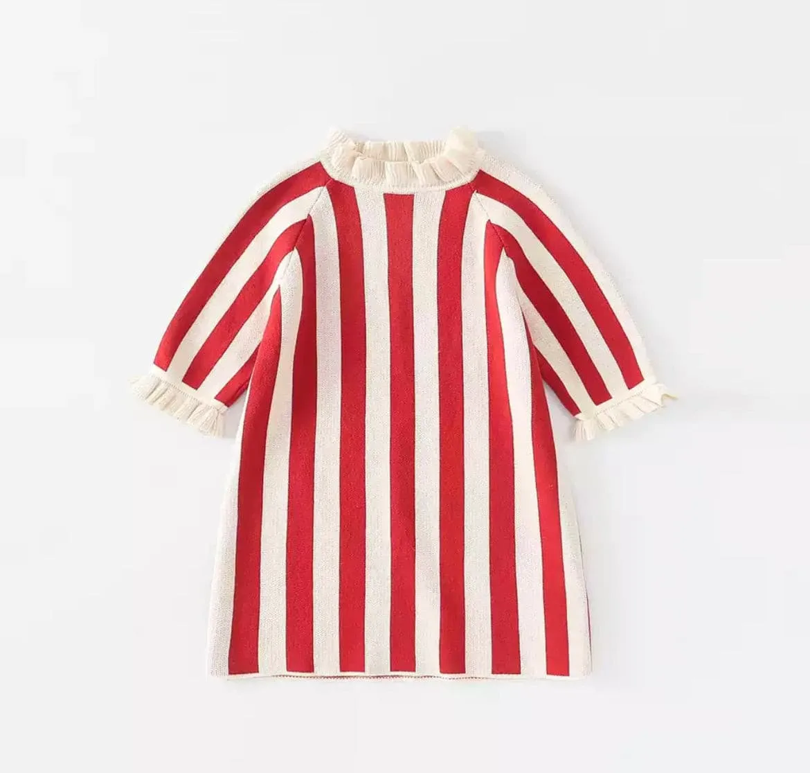 Girls 100% Cotton Knitted Stripe Dress - Red