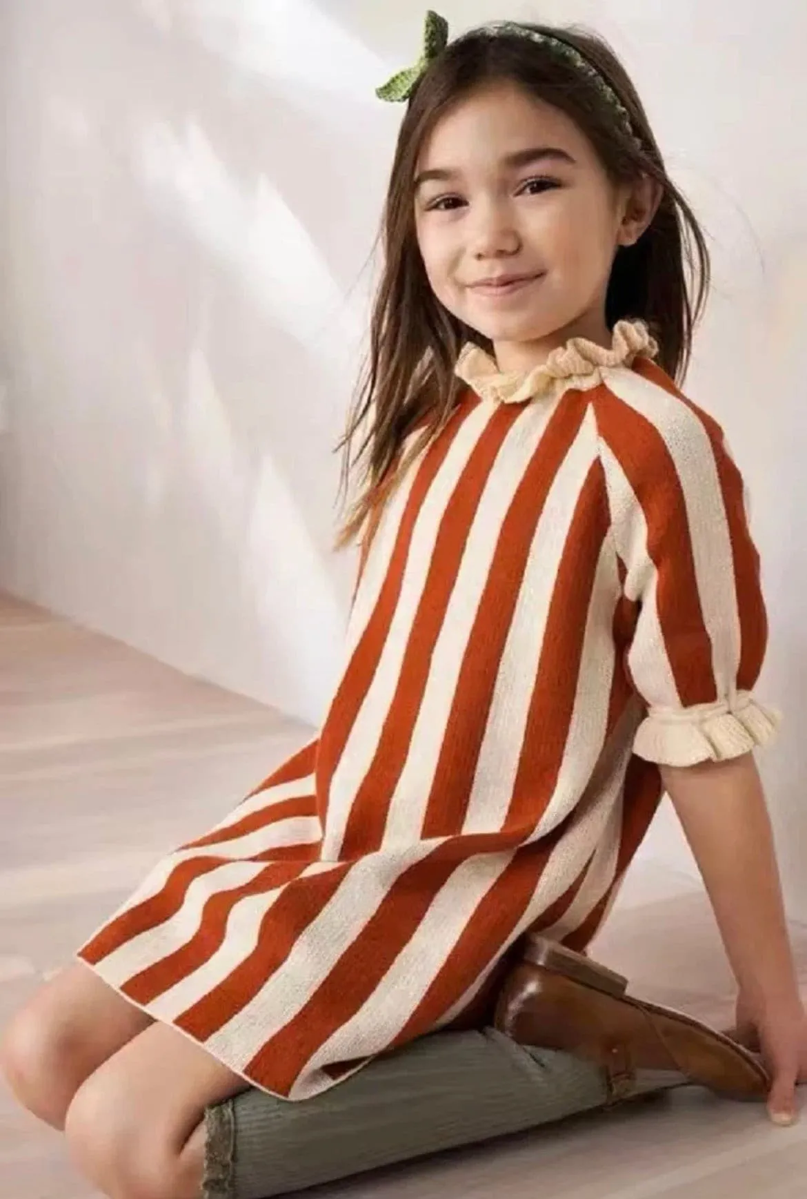 Girls 100% Cotton Knitted Stripe Dress - Red