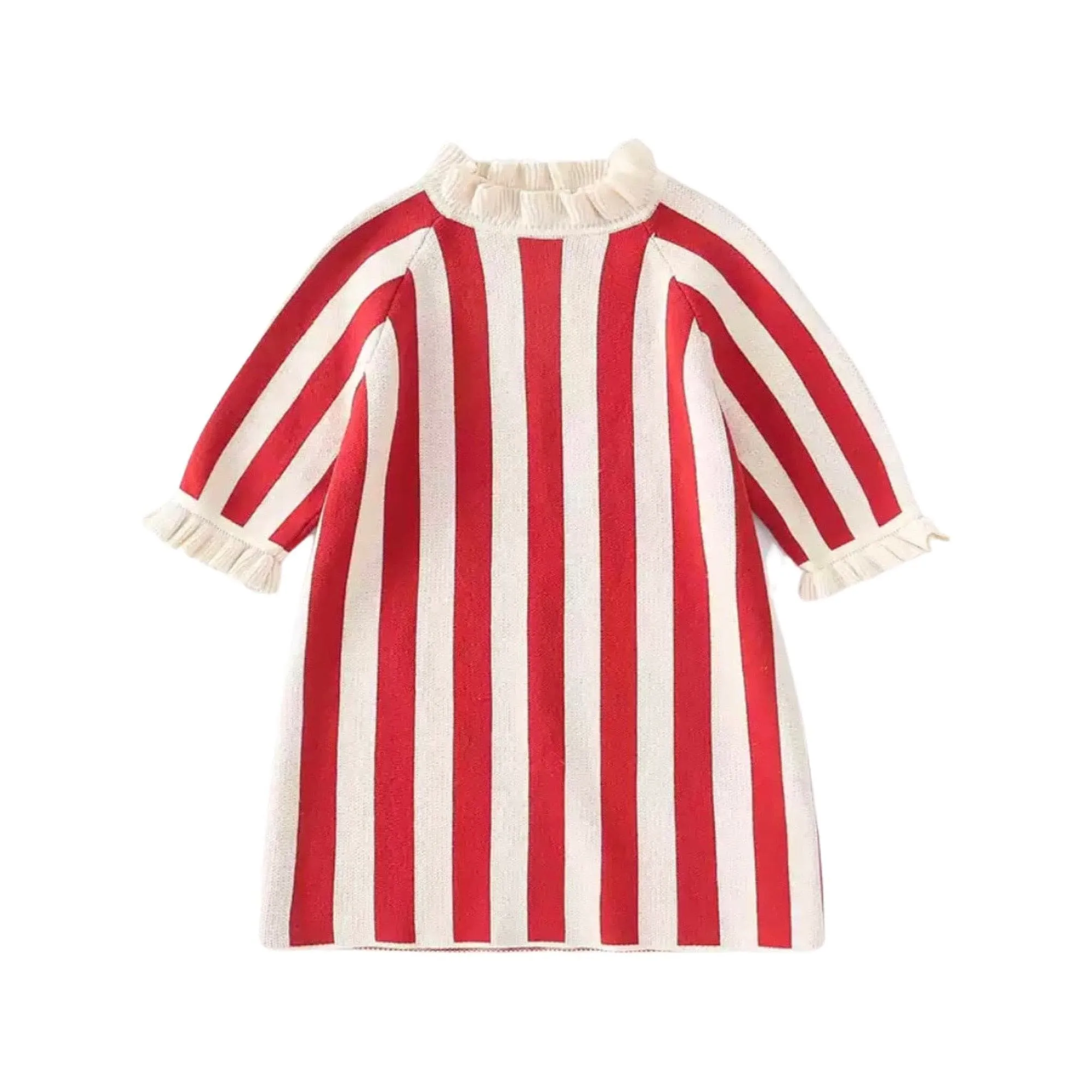 Girls 100% Cotton Knitted Stripe Dress - Red