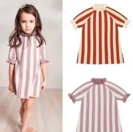 Girls 100% Cotton Knitted Stripe Dress - Red