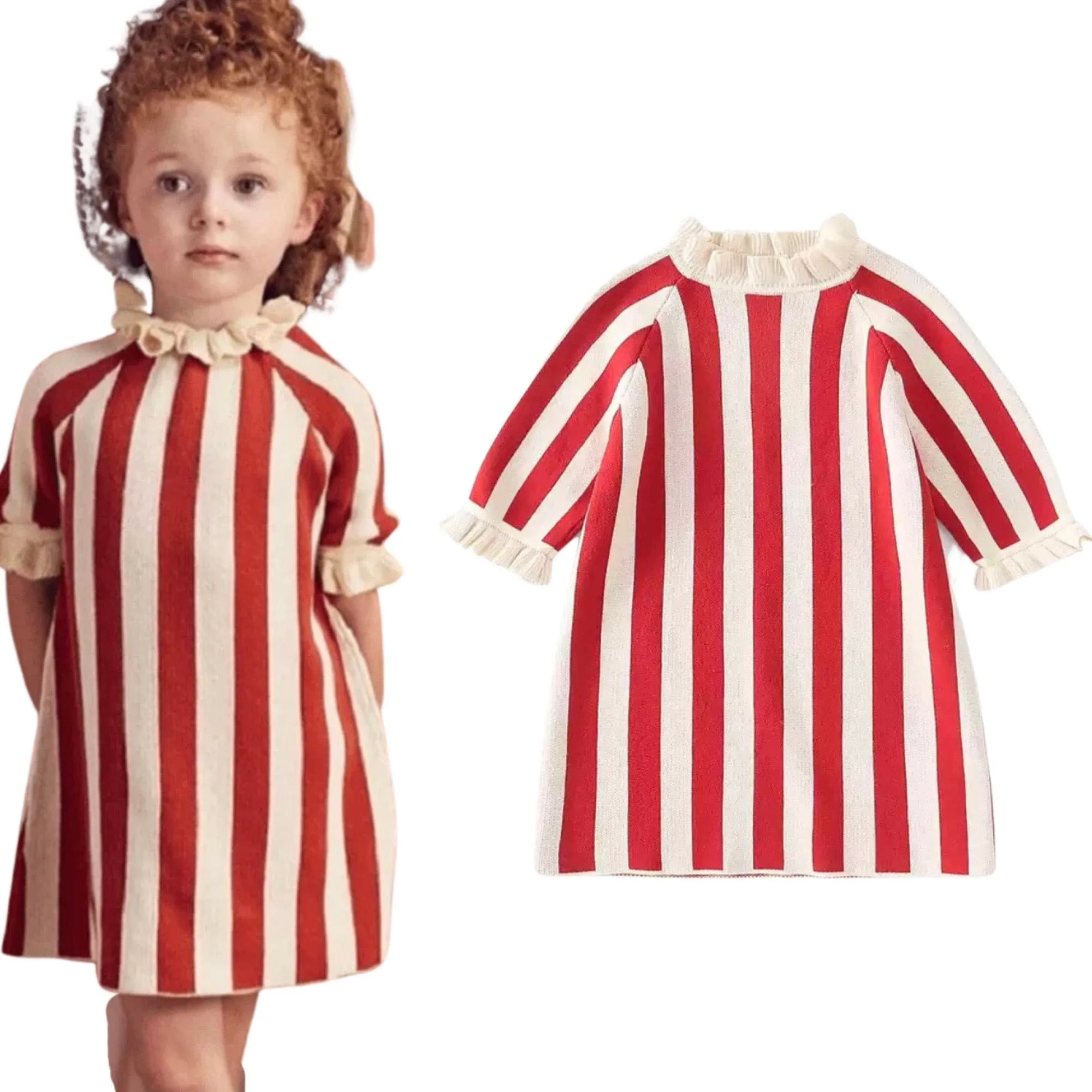 Girls 100% Cotton Knitted Stripe Dress - Red