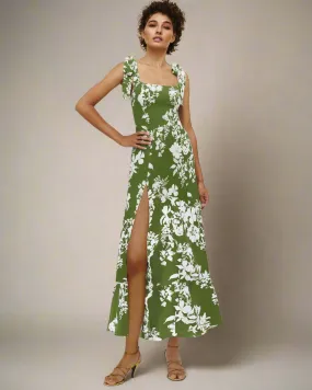 Jasmine Long Floral Summer Dress with Square Neckline and Tie Straps