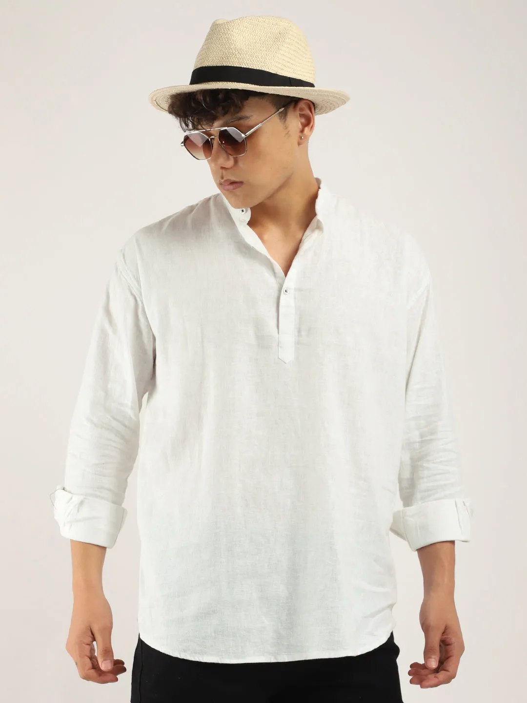 Mandarin Linen White Short Kurta