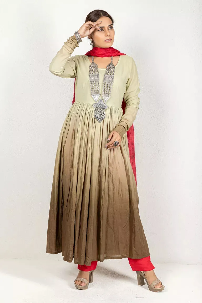 Mehndi Green & Red Cotton Kurta With Dupatta Set