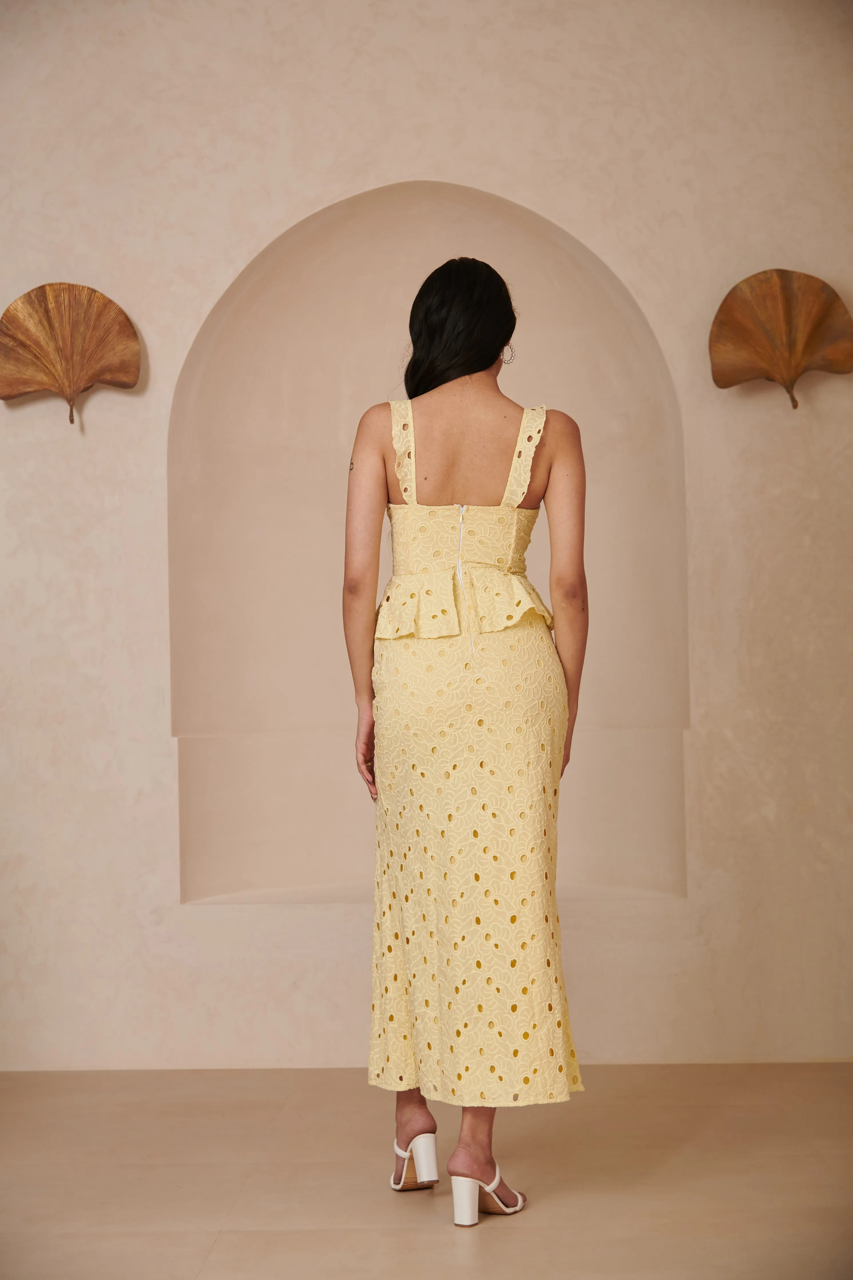 Mika Yellow Embroidered Schiffli Corset Midi Dress