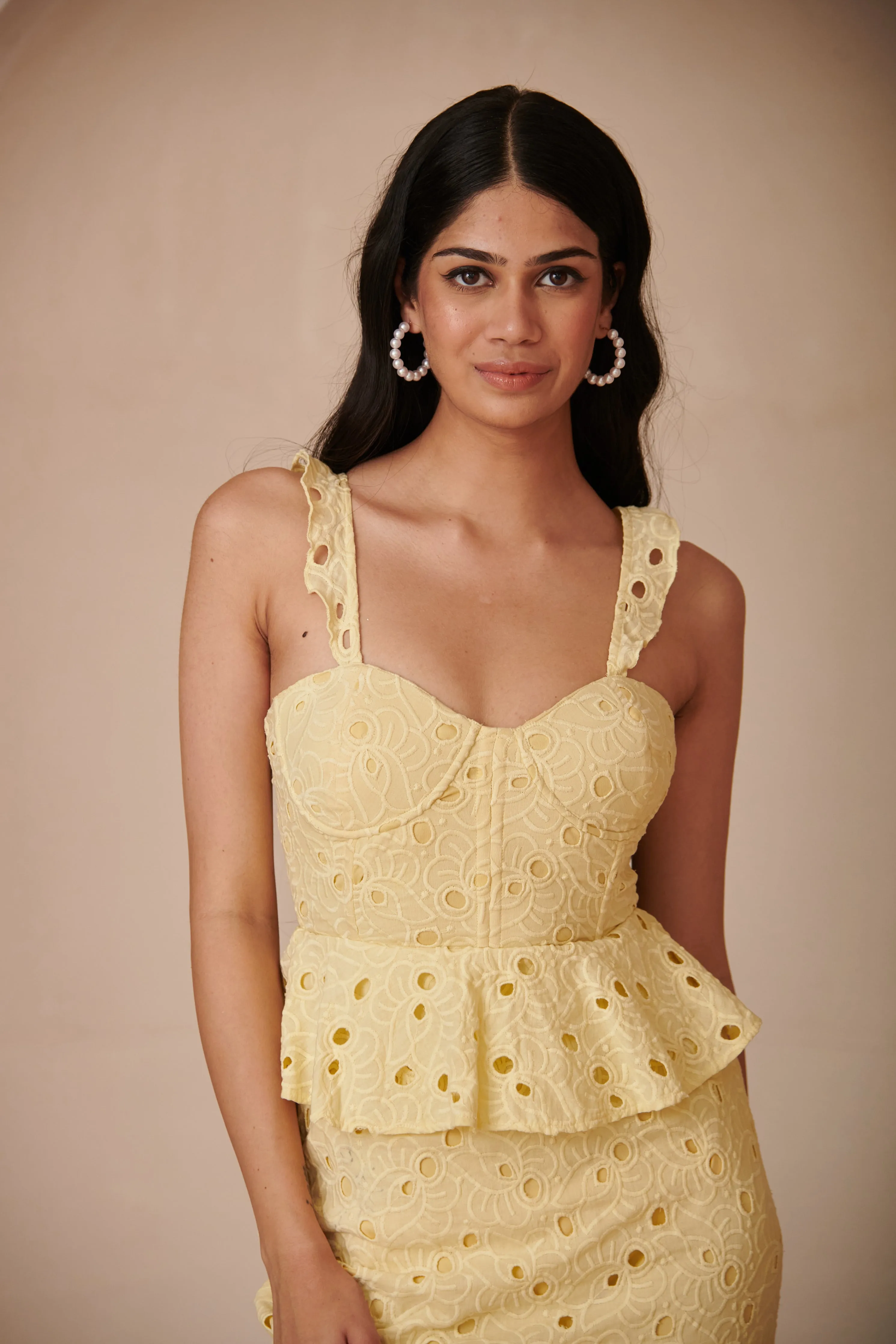 Mika Yellow Embroidered Schiffli Corset Midi Dress