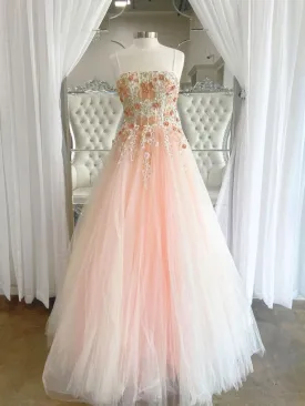 Pink tulle lace long prom dress, pink lace long evening dress