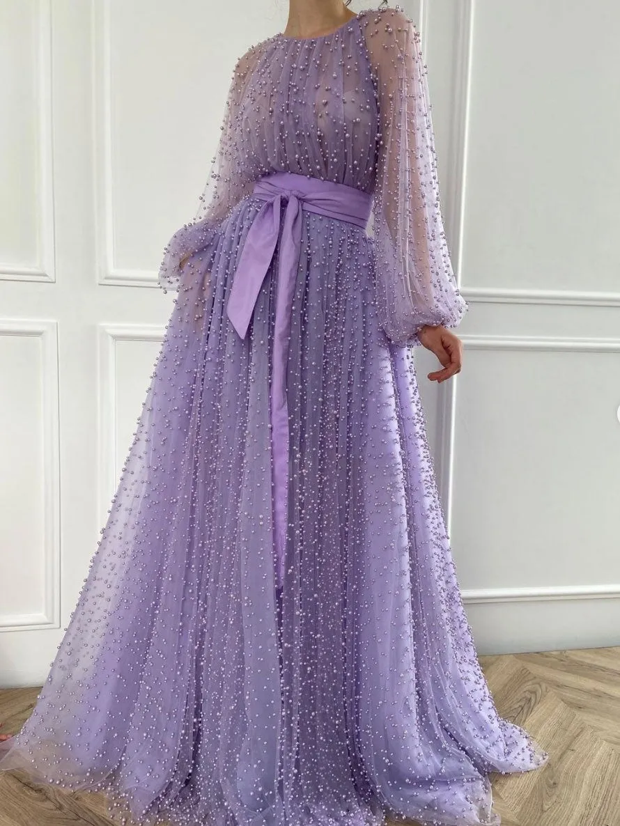 Purple round neck tulle beads long prom dress, purple evening dress