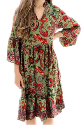 "Capri" Boho Green Flowy Above the Knee Dress