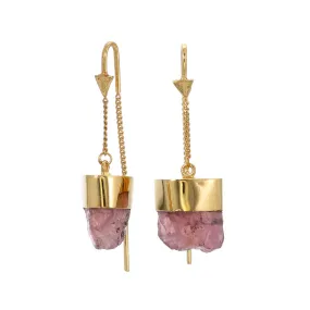 ROUGH ROSE QUARTZ CRYSTAL PULL THROUGH EARRINGS - GOLD