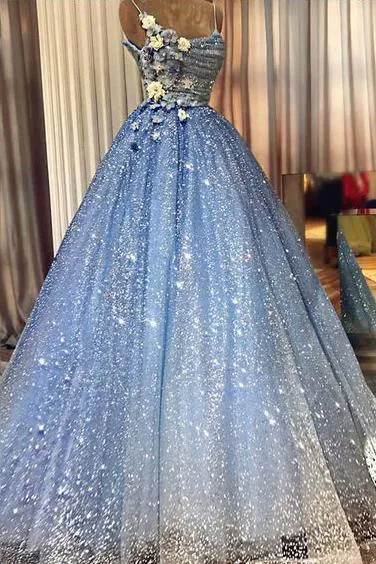 Sparkly Blue Prom Dress A-Line Sequin Formal Gown With 3D Appliques