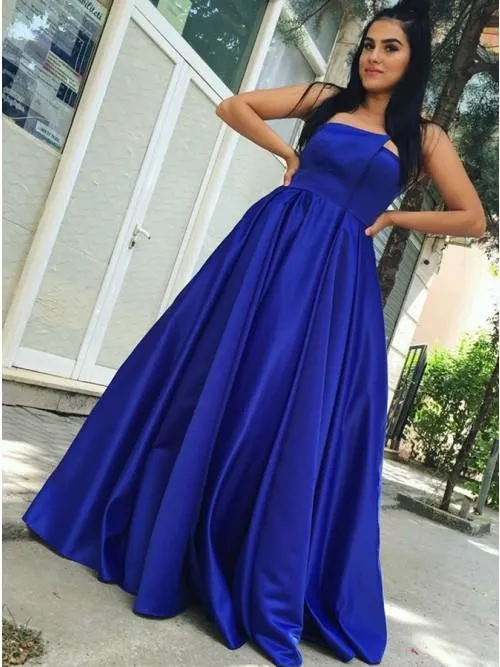 Strapless Royal Blue Satin Long Prom Dress Plus Size Formal Gown