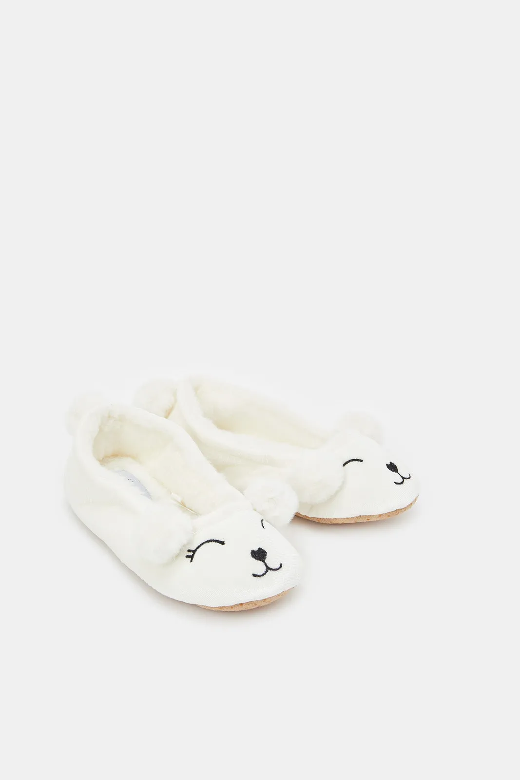 Women Ivory Pompom Ballerina Slippers