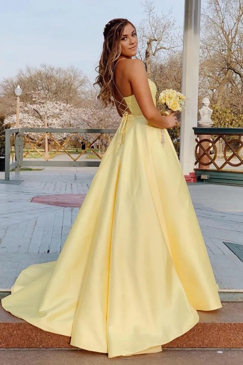 Yellow Long Prom Dress With Beaded Pockets,Formal Dresses Backless Evening Gown